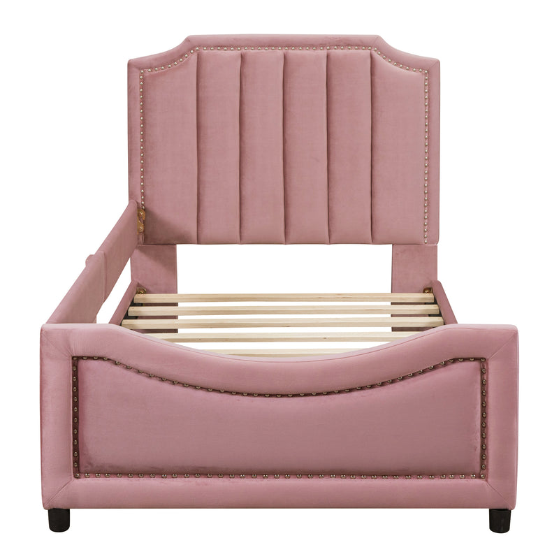 Twin Size Upholstered Daybed with Classic Stripe Shaped  Headboard, Pink