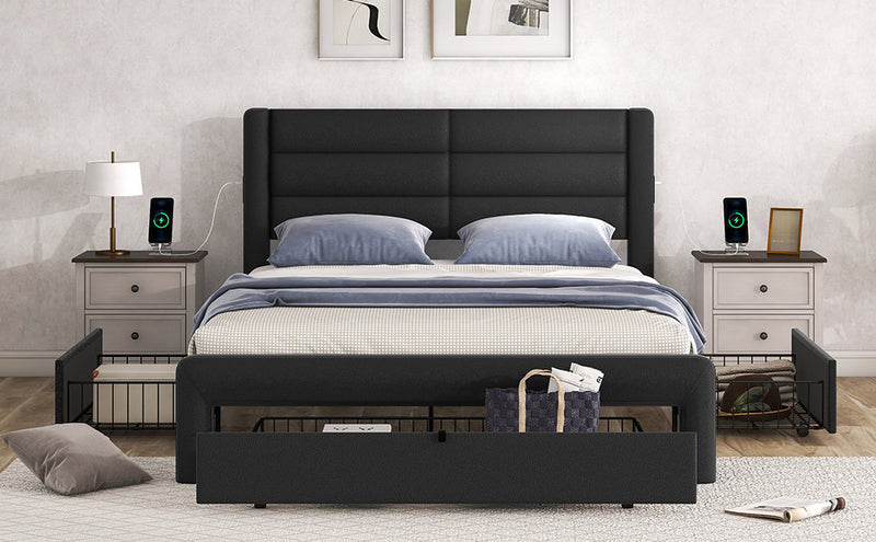 Queen Size Bed Frame with Drawers Storage, Leather Upholstered Platform Bed with Charging Station, Black