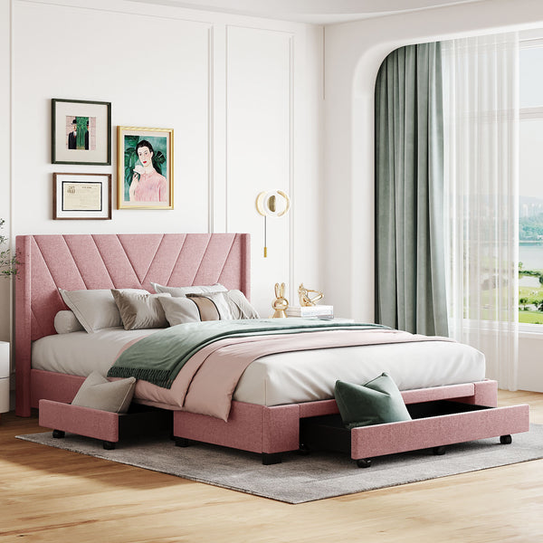 Queen Size Storage Bed Linen Upholstered Platform Bed with 3 Drawers (Pink)