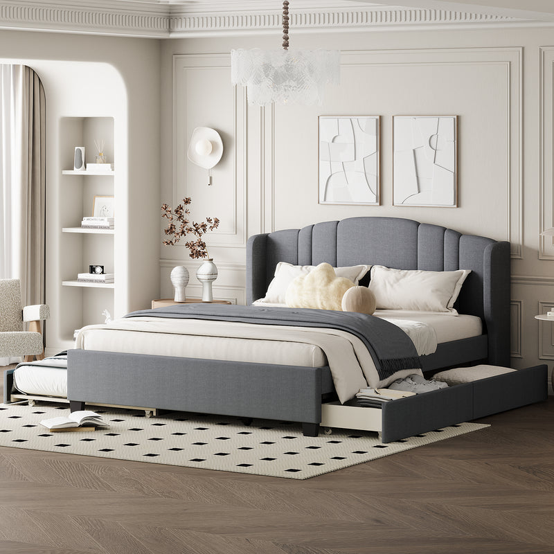 Upholstered Platform Bed with Wingback Headboard, One Twin Trundle and 2 Drawers, No Box Spring Needed, Linen Fabric, Queen Size Gray