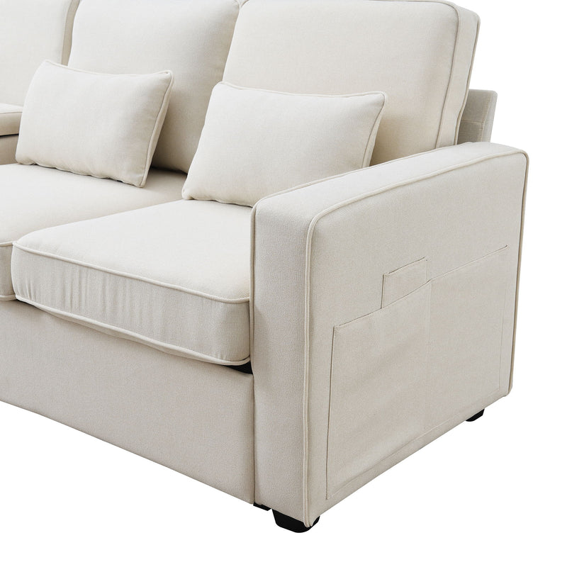 4 Seater Modern Linen Sofa With Armrest Pockets And 4 Pillows, Minimalist Style Couch For Living Room