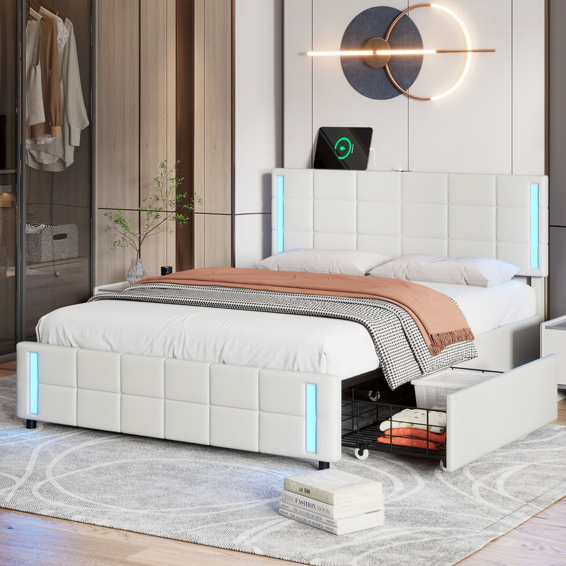 Queen Size Upholstered Platform Bed with LED Lights and USB Charging, Storage Bed with 4 Drawers, White