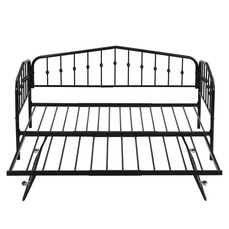 Twin Size Stylish Metal Daybed with Twin Size Adjustable Trundle, Portable Folding Trundle, Black