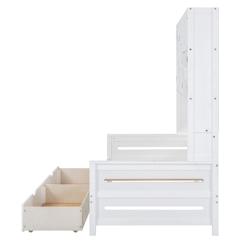 Wooden Daybed With 2 Drawers, And All-In-One Cabinet And Shelf