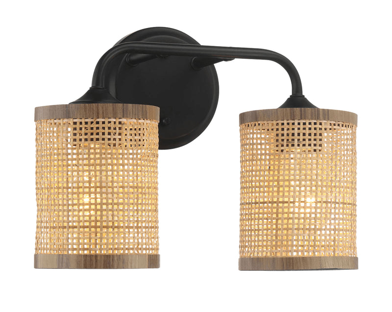 Quell - Double Light Vanity With Natural Shade Wall Lamp - Black / Rattan