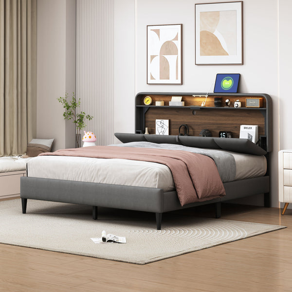 Queen size Upholstered Platform Bed with Storage Headboard, Sensor Light and a set of Sockets and USB Ports, Linen Fabric, Gray