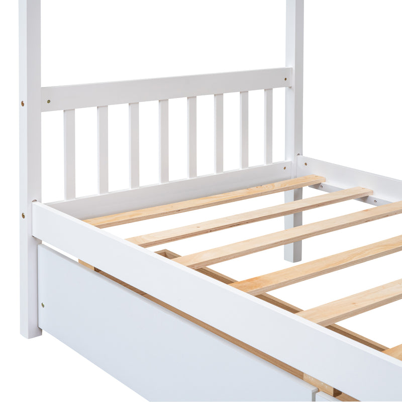 Twin Size Wooden House Bed with Drawers, White