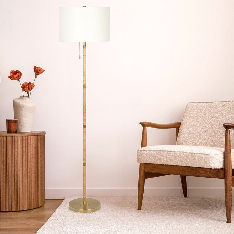 Stellar - Linen Shade Floor Lamp - Gold / Natural Wood / Rattan / White