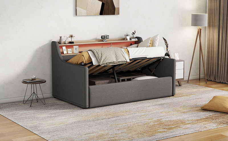 Twin Size Daybed with Hydraulic Storage, Upholstered Daybed with Lift Up Storage, Twin Linen Daybed with Charging Station and LED Lights,Gray(Expect arrival date 2024.2.20)