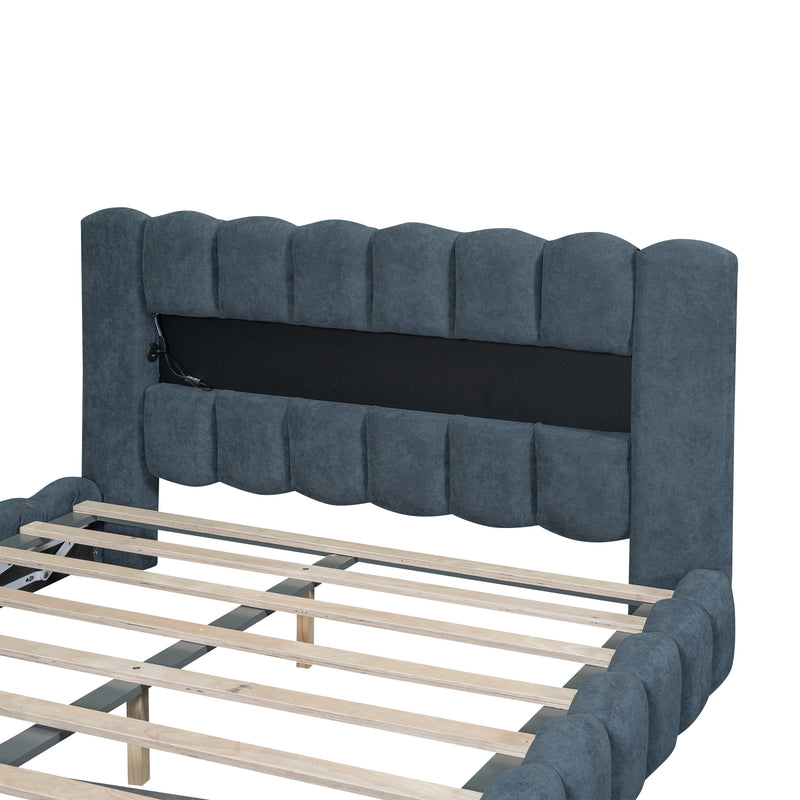 Queen Size Upholstered Platform Bed with LED Headboard and USB, Deep Blue