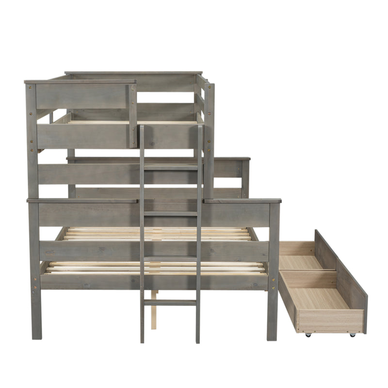 Wood Twin over Full Bunk Bed with 2 Drawers, Gray