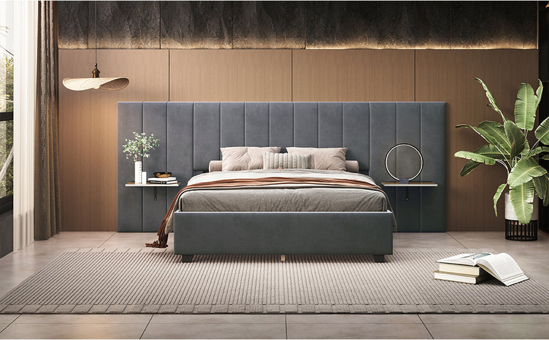 Queen Size Upholstered Platform Bed with Big Headboard, Bedroom Furniture, Velvet, Gray