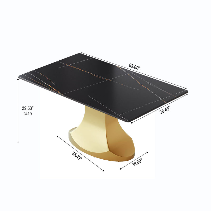 63" Modern Artificial Stone Panel Stainless Steel Curved Legs, Can Accommodate 6-8 People - Black / Gold