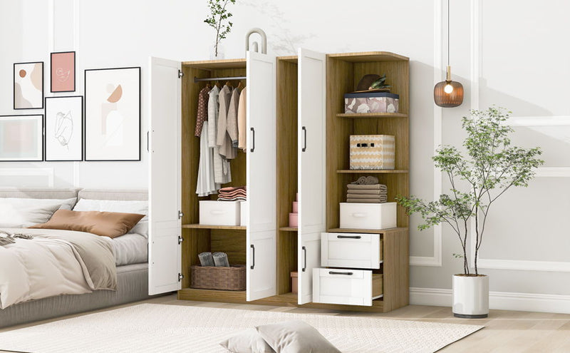 3 Door Storage Wardrobe For Dedroom With Shelves And 2 Drawers, Side Storage Shelves