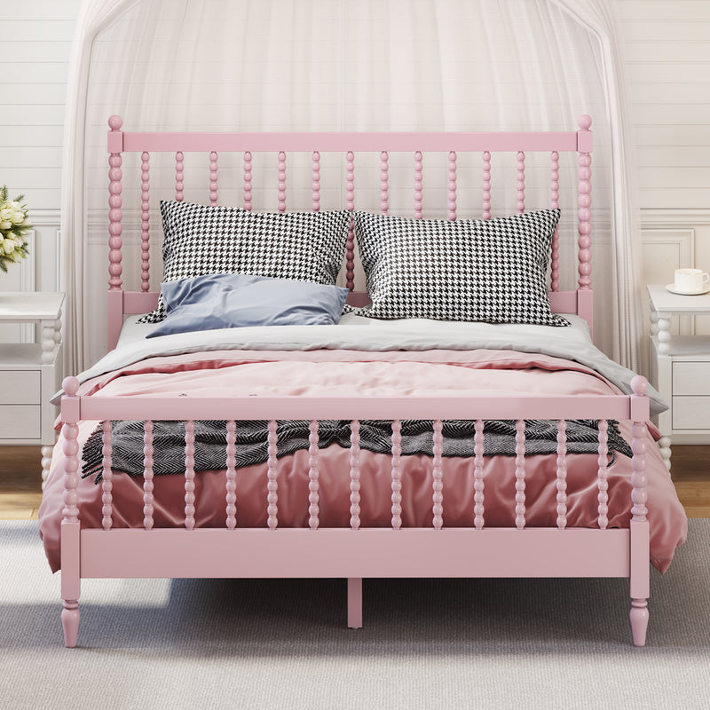 Queen Size Wood Platform Bed with Gourd Shaped Headboard and Footboard,Pink