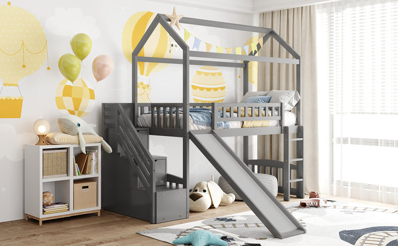 Twin Loft Bed with Two Drawers and Slide, House Bed with Slide, Gray (Old SKU: LP000130AAE)