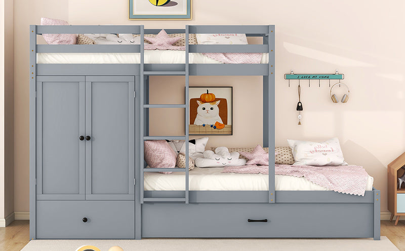 Twin-over-twin Bunk Bed with Wardrobe, Drawers and Shelves, Gray