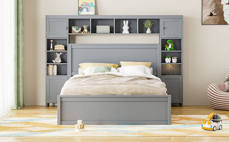 Queen Size Wooden Bed With All-in-One Cabinet, Shelf and Sockets, Gray