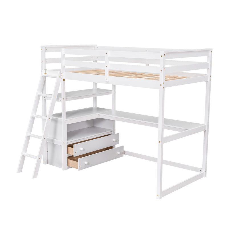 Twin Size Loft Bed with Desk and Shelves, Two Built-in Drawers, White (old SKU: GX000803AAK-1)