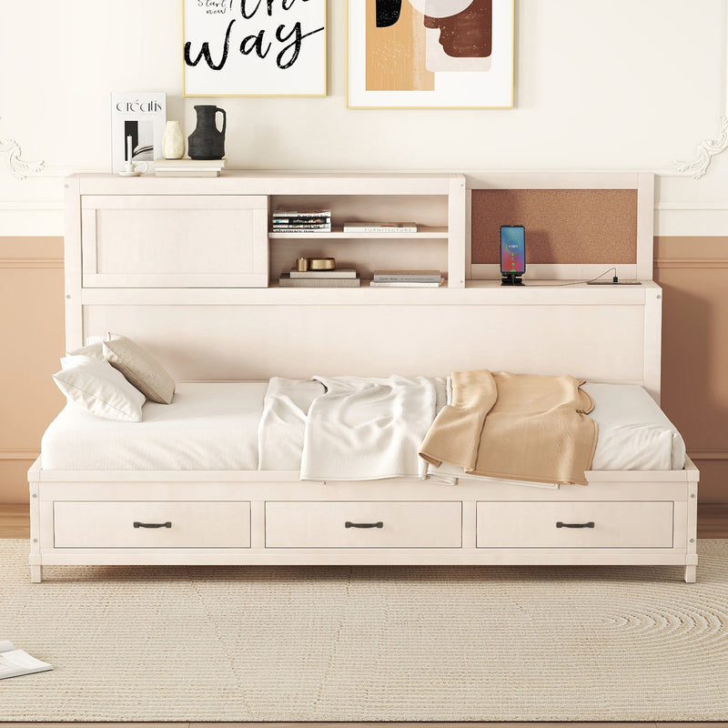 Twin Size Wooden Daybed with 3 Storage Drawers, Upper Soft Board, shelf, and a set of Sockets and USB Ports, White