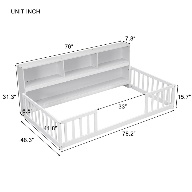 Floor Bed With Bedside Bookcase, Shelves, Guardrails