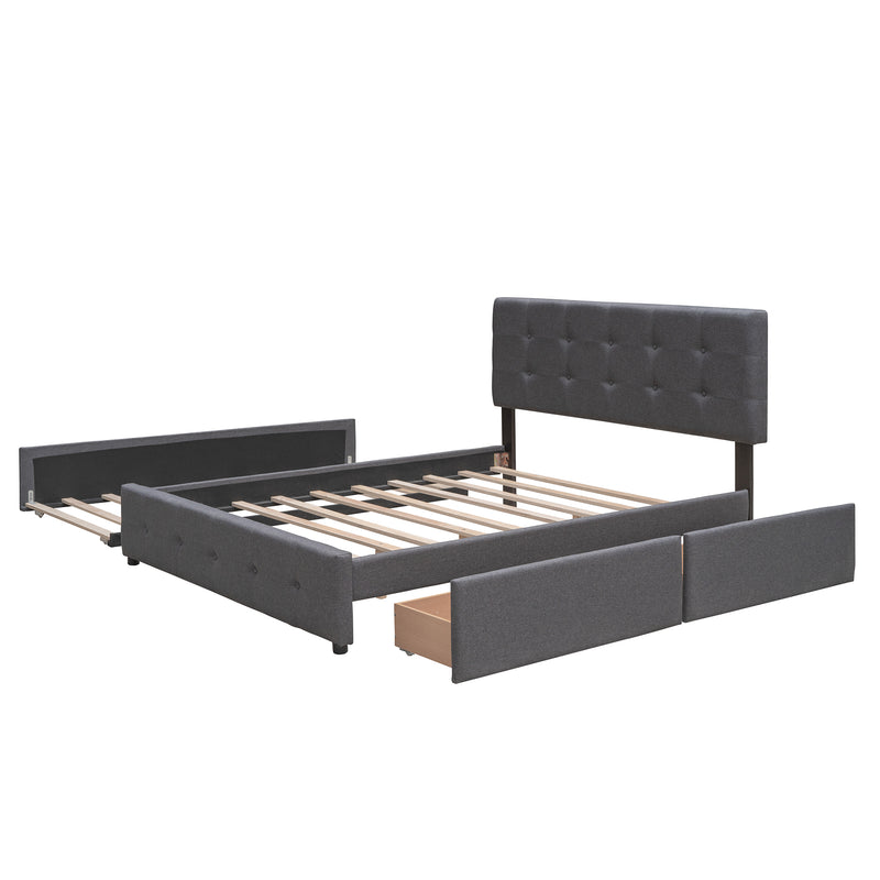 Upholstered Platform Bed with 2 Drawers and 1 Twin XL Trundle,  Linen Fabric, Queen Size - Dark Gray(OLD SKU :LP000314AAE)