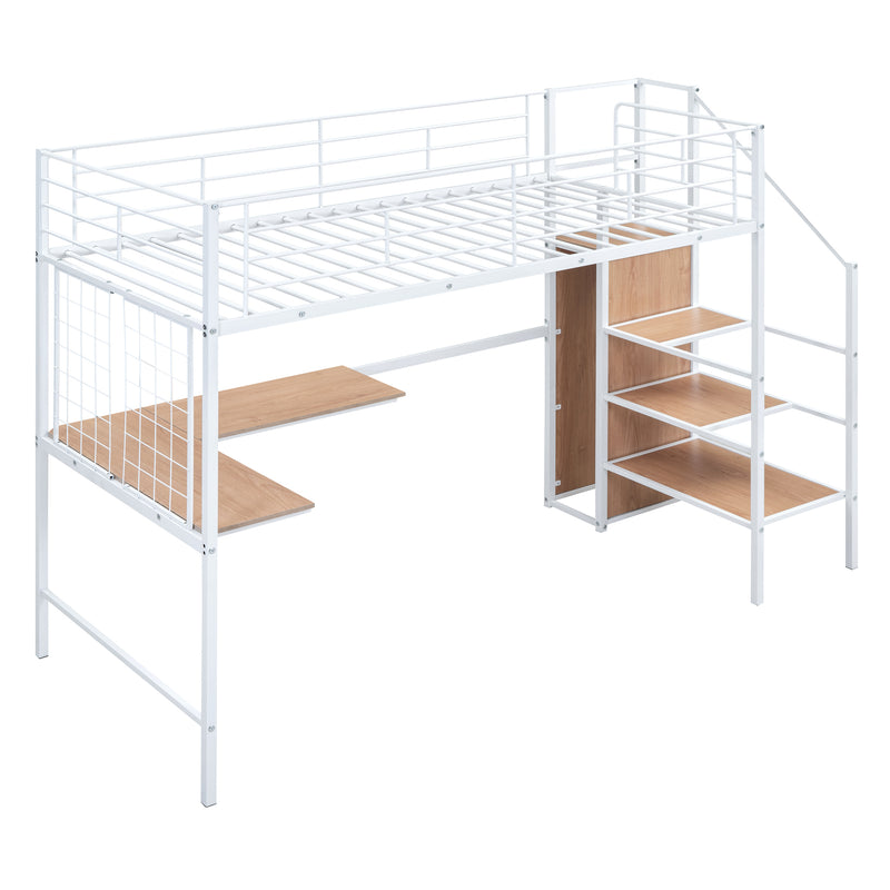 Twin Size Metal Loft Bed with Desk and Metal Grid, Stylish Metal Frame Bed with Lateral Storage Ladder and Wardrobe, White