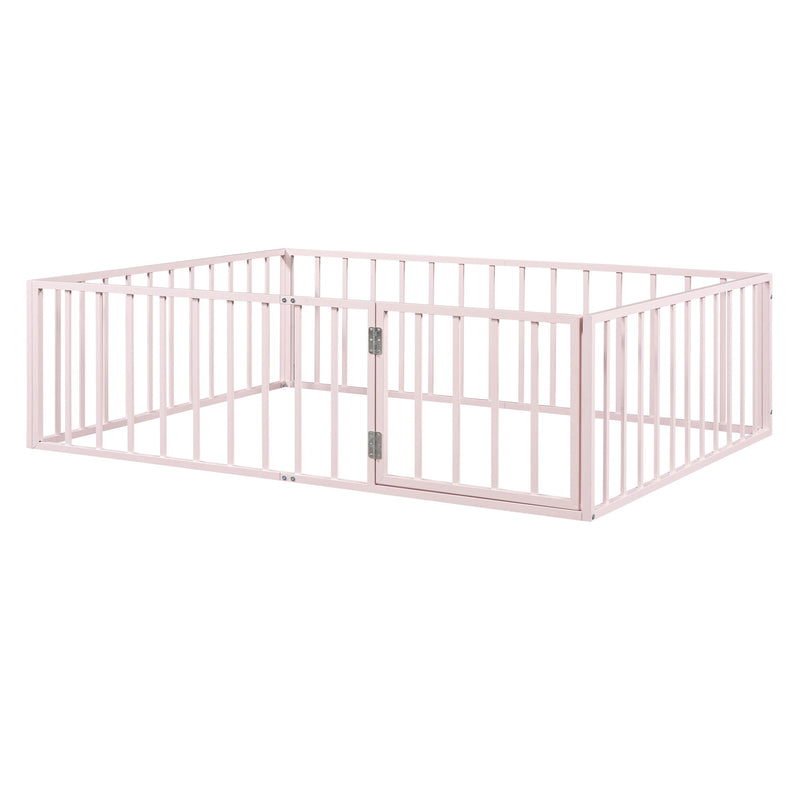 Metal Floor Bed Frame With Fence And Door - Black