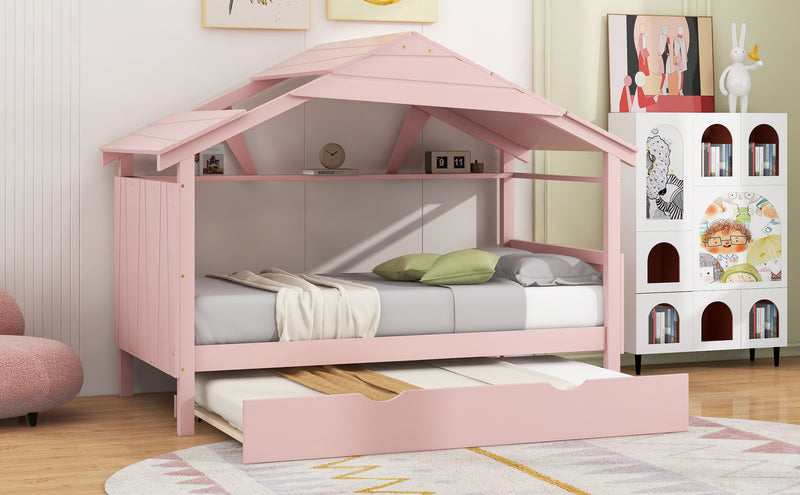 Wood Twin Size House Bed with Trundle and Storage, Pink