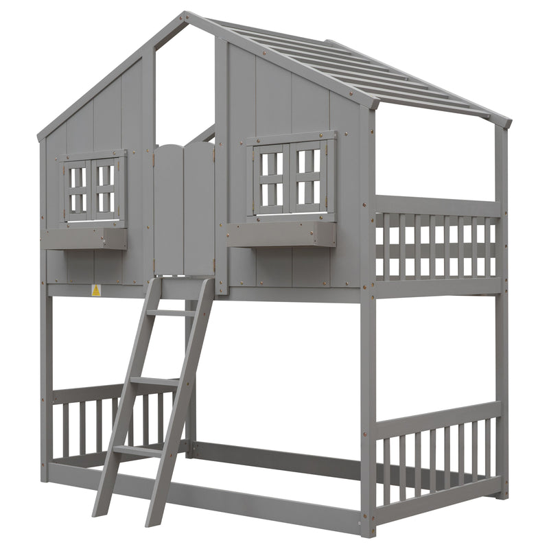 House Bunk Bed With Roof, Window, Window Box, Door, With Safety Guardrails And Ladder