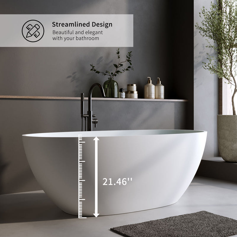 Solid Surface Matte Tub, Solid Surface Soaking Tub, Stone Resin Freestanding Bathtub, Thick Edge Stand Alone Tubs With Overflow, Pop-Up Drain (Oval) - Matte White