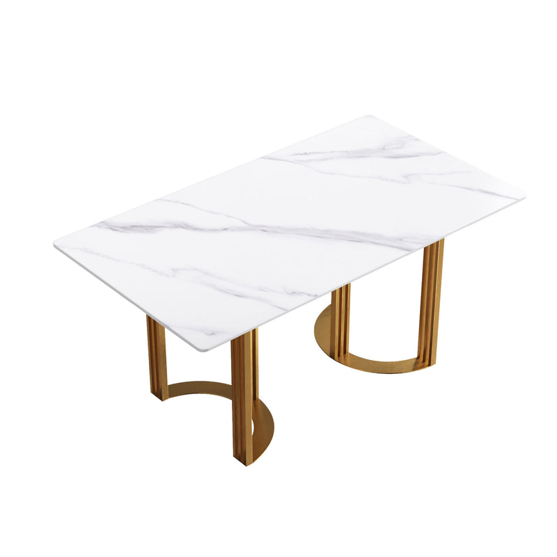 63" Modern Artificial Stone Straight Edge Metal Leg Dining Table, 6 People - White / Gold