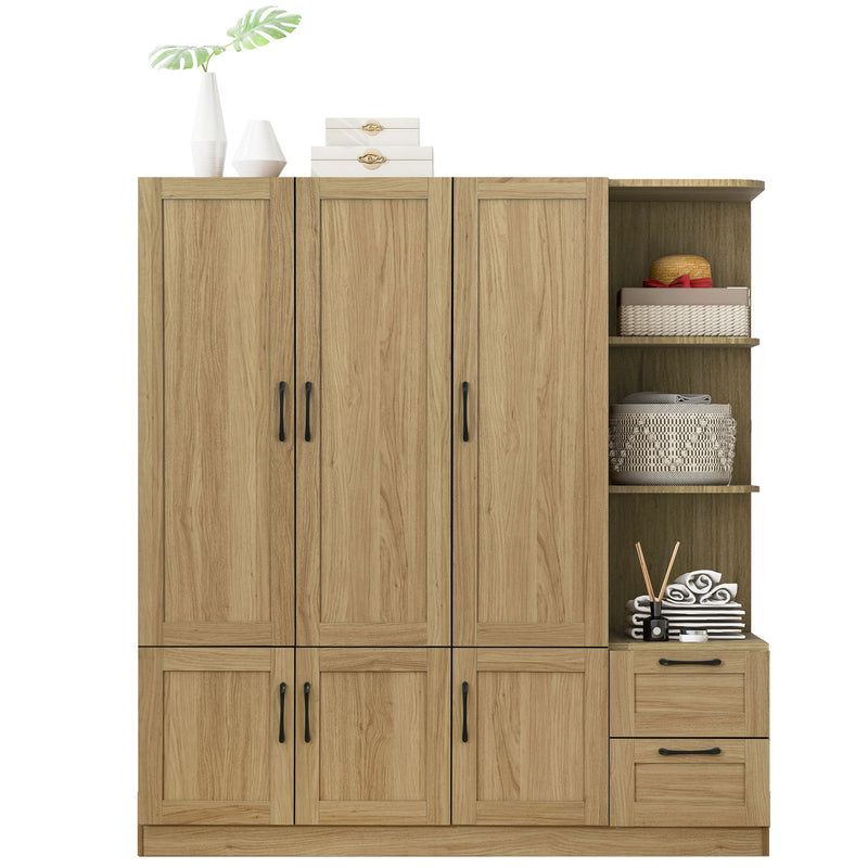 3 Door Storage Wardrobe For Dedroom With Shelves And 2 Drawers, Side Storage Shelves