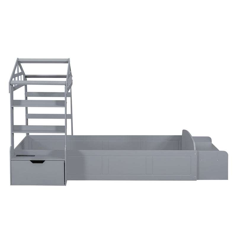 Twin Size House Bed with Bench, Socket and Shelves, Gray