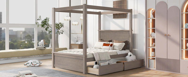 Wood Canopy Bed with two Drawers, Full Size Canopy Platform bed With Support Slats .No Box Spring Needed, Brushed Light Brown