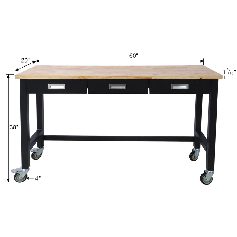 Work Bench, Workbench With Drawer Storage, Heavy Duty Bamboo Wood Work Table With Wheels For Garage Home Office