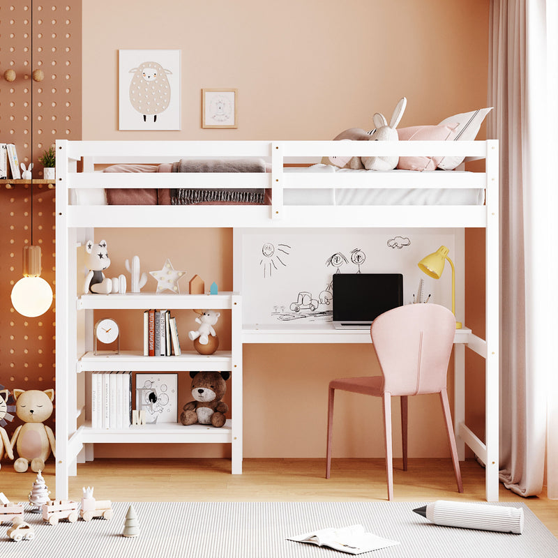 Twin Size Wooden Loft Bed with Shelves, Desk and Writing Board - White