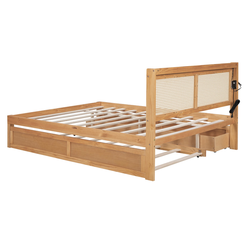 Queen Size Elegant Bed Frame with Rattan Headboard and Sockets ,Walnut