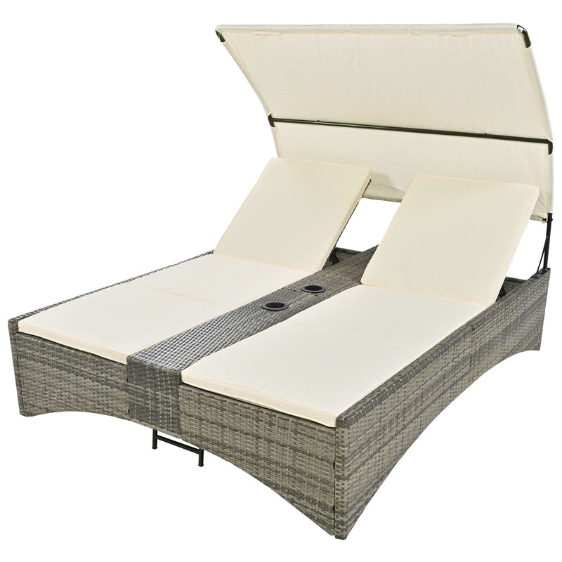 Patio Daybed Outdoor Daybed Sun Lounger With Shelter Roof With Adjustable Backrest, Storage Box And 2 Cup Holders For Patio, Balcony, Poolside