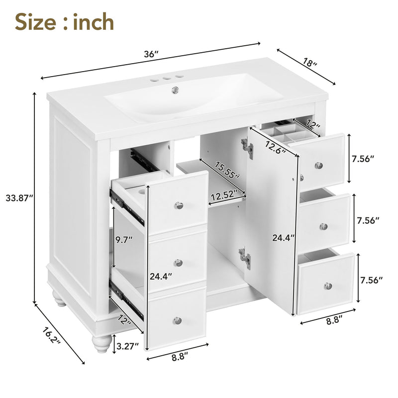 Contemporary Bathroom Vanity Cabinet, 4 Drawers & 1 Cabinet Door, Multipurpose Storage, Resin Integrated Sink, Adjustable Shelves, Solid Wood Frame With MDF