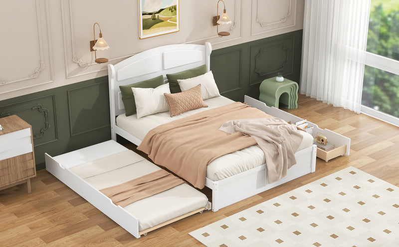 Wood Queen Size Platform Bed with Twin Size Trundle and 2 Drawers, White