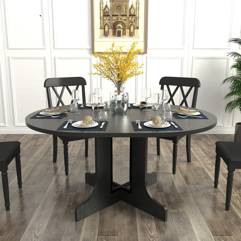 Dining Table For Farmhouse Kitchen Expandable Oval Table Top With Removable Leaf Trestle X Shaped Base - Black