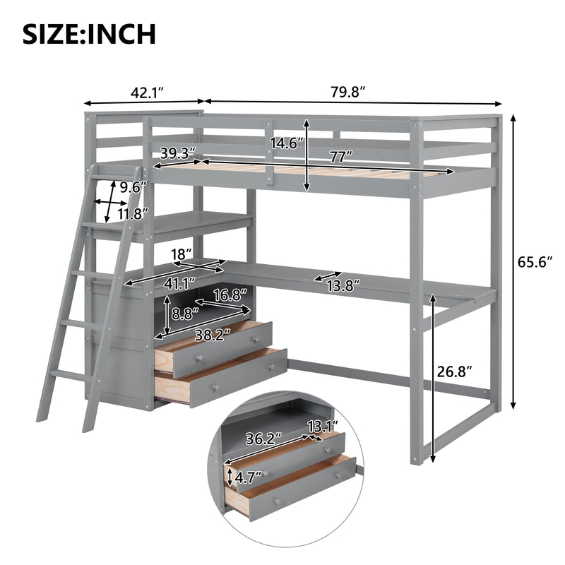 Twin Size Loft Bed with Desk and Shelves, Two Built-in Drawers, Gray(Old SKU: GX000423AAE)