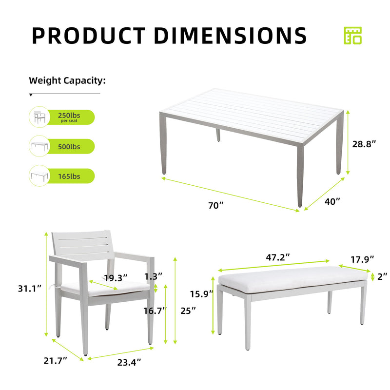 6 Piece Dining Set Modern Outdoor Patio Furniture, Including 4 Dining Chairs & 1 Dining Bench Sunbrella Fabric Cushioned And Two-Tone Rectangle Table With Umbrella Hole - Matte White / Grayish