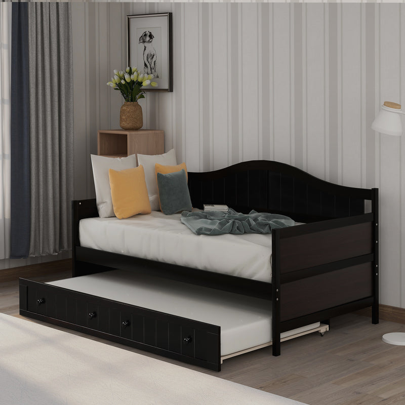 Twin Wooden Daybed with Trundle Bed, Sofa Bed for Bedroom Living Room, Espresso