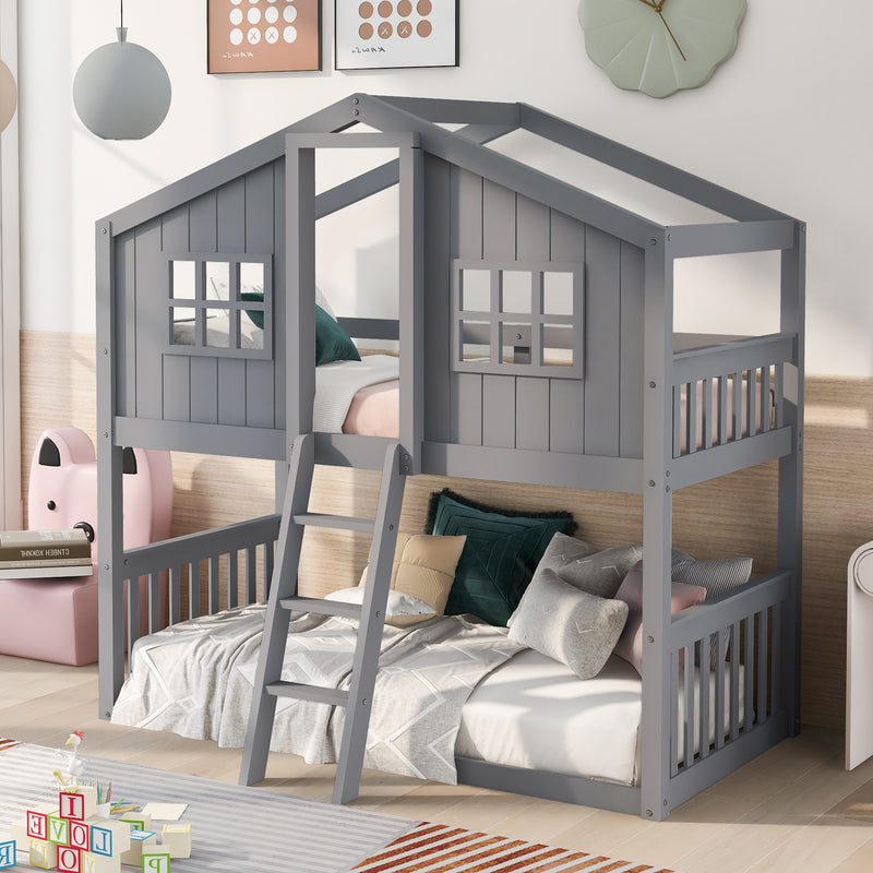 Twin Over Twin House Bunk Bed With Ladder, Wood Bed-Gray