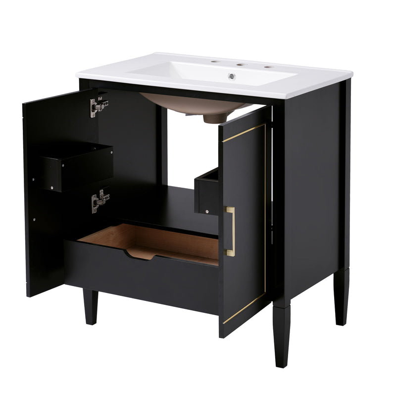 Bathroom Vanity With Ceramic Basin, Soft Close Door, Built-In Hidden Drawer - Black