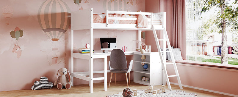 Twin size Loft Bed with Shelves and Desk, Wooden Loft Bed with Desk - White(OLD SKU:LT000537AAK)