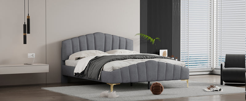 Queen Size Velvet Platform Bed with Thick Fabric, Stylish Stripe Decorated Bedboard and Elegant Metal Bed Leg, Gray