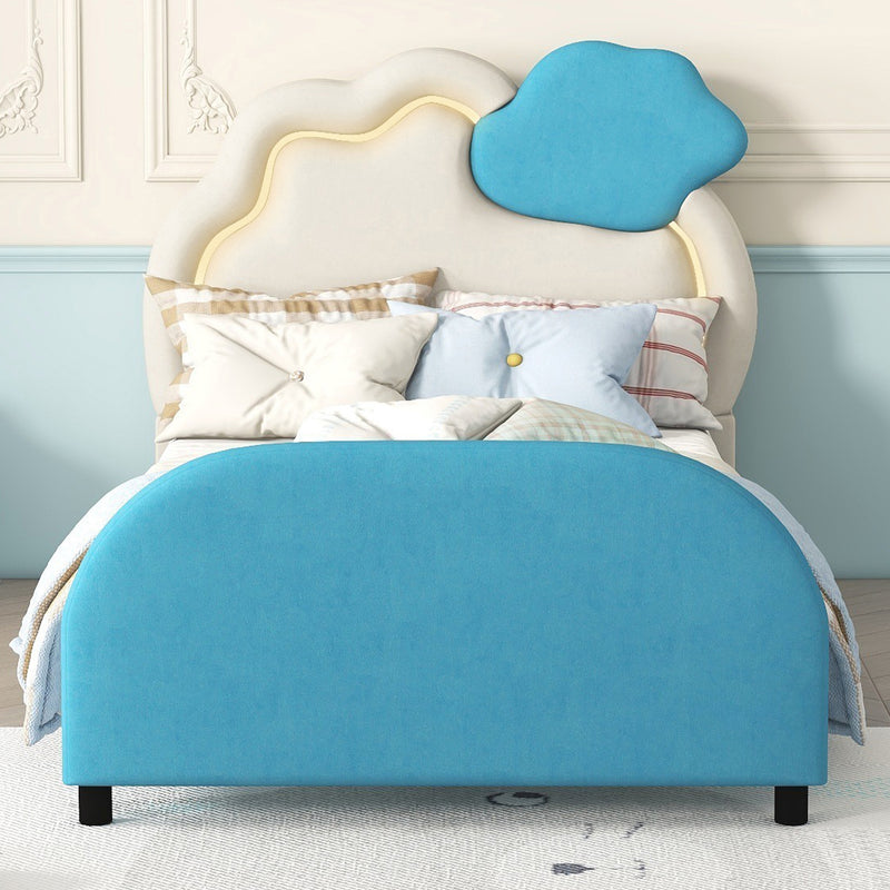 Twin Size Upholstered Platform Bed with Cloud-Shaped Headboard and Embedded Light Stripe, Velvet, Blue